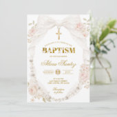 Lace Ivory Bow Pearl Baptism Invitation 招待状 (スタンド正面)