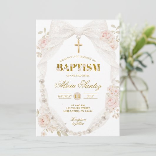 Lace Ivory Bow Pearl Baptism Invitation 招待状 (スタンド正面)