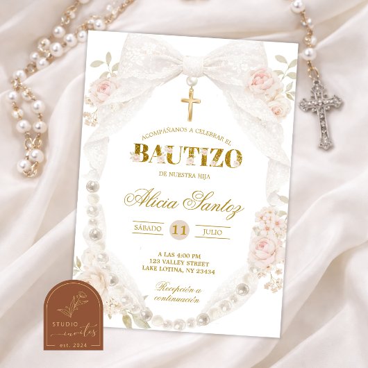 Lace Ivory Bow Pearl Bautizo Invitation 招待状