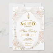 Lace Ivory Bow Pearl Bautizo Invitation 招待状 (正面)