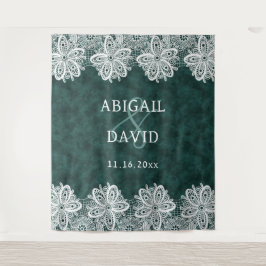 Lace on Emerald Green Faux Velvet Wedding Backdrop タペストリー