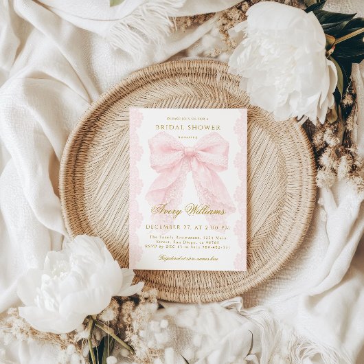 Lace Pink Bow Bridal Shower Elegant 招待状