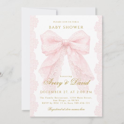 Lace Pink Bow Girl Baby Shower  招待状 (正面)