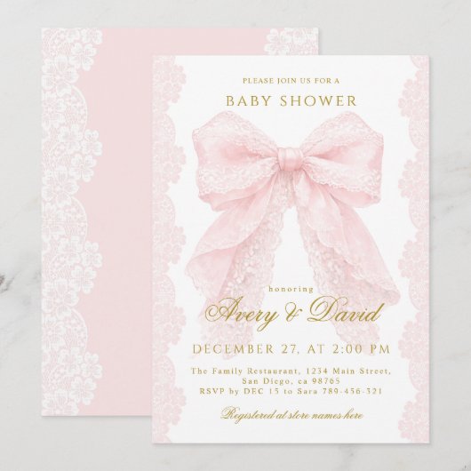 Lace Pink Bow Girl Baby Shower 招待状 (正面/裏面)