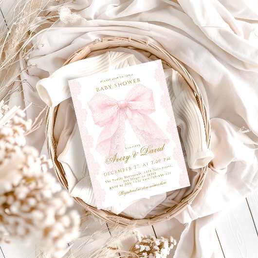 Lace Pink Bow Girl Baby Shower  招待状