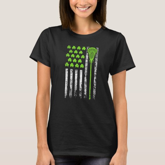 Lacrosse American Flag St Patrick Day For Men Boy Tシャツ (正面)