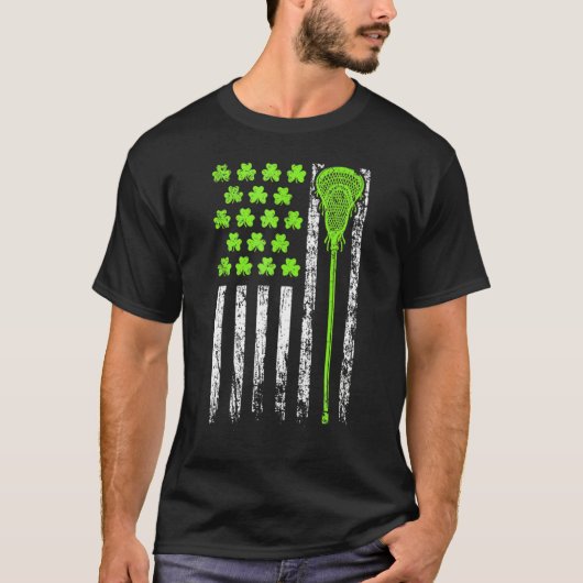 Lacrosse American Flag St Patrick Day For Men Boy  Tシャツ (正面)
