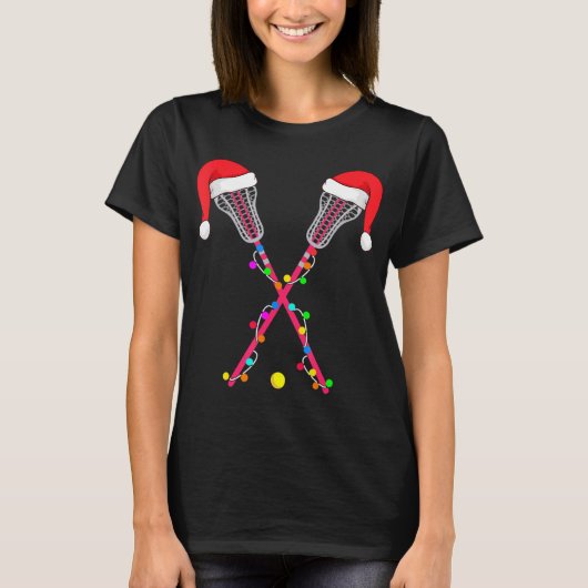 Lacrosse Santa Hat Christmas Lights Fun Sport Xmas Tシャツ (正面)