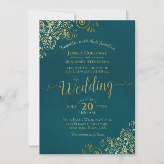 Lacy Gold Calligraphy Elegant Teal Wedding 招待状 (正面)