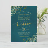 Lacy Gold Calligraphy Elegant Teal Wedding 招待状 (スタンド正面)