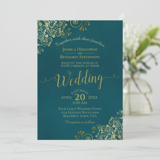 Lacy Gold Calligraphy Elegant Teal Wedding 招待状 (スタンド正面)