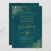 Lacy Gold Calligraphy Elegant Teal Wedding 招待状 (正面/裏面)