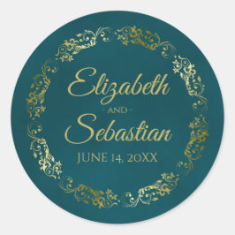 Lacy Gold Filigree Elegant Dark Teal Wedding Names ラウンドシール