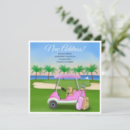 Ladies Pink Golf Cart Moving Boxes Beach Golf 案内状 (スタンド正面)
