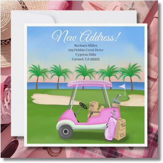 Ladies Pink Golf Cart Moving Boxes Beach Golf  案内状