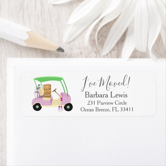 Ladies Pink Golf Cart Moving Boxes Golf Course ラベル (インサイチュ)