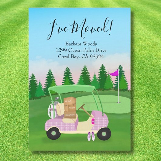 Ladies Pink Golf Cart Moving Boxes Golf Course  案内状