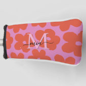 Ladies Retro Bold Pink Orange Floral Monogram  ゴルフヘッドカバー (正面)