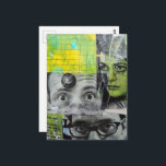 Lady and the Doctors Mixed Media Collage ポストカード<br><div class="desc">A mixed media collage made and photographed by Angelandspot in the year 2026 with vintage images from a magazine from 1968 on a colorful green and yellow background collage of various papers painted over to unify them before making the collage on top of that layer. The lady was injured in...</div>