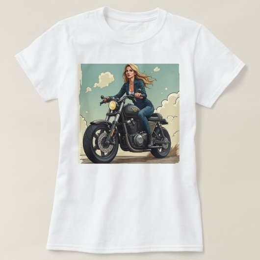 Lady Biker On The Road Tシャツ (デザイン正面)
