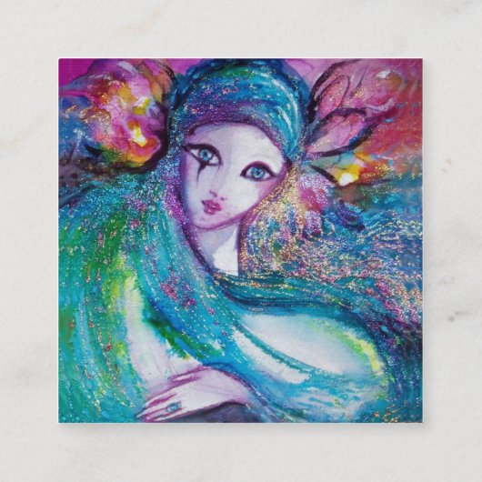 LADY BLUE MASK美しいメイクアップアーティストグリーンスパークル スクエア名刺 (裏面)