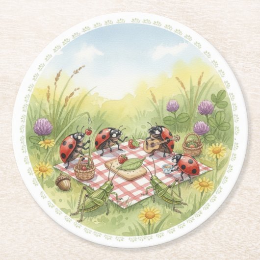 Lady bug cricket spring garden party coasters ラウンドペーパーコースター (正面)