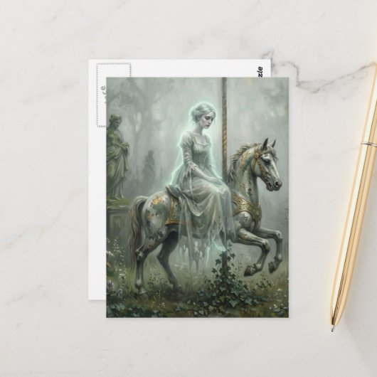 Lady Ghost on Abandoned Carousel Horse in Garden ポストカード (正面/裏面インサイチュ)