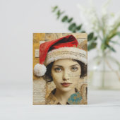 Lady in a Santa Hat Mixed Media Collage ポストカード (スタンド正面)
