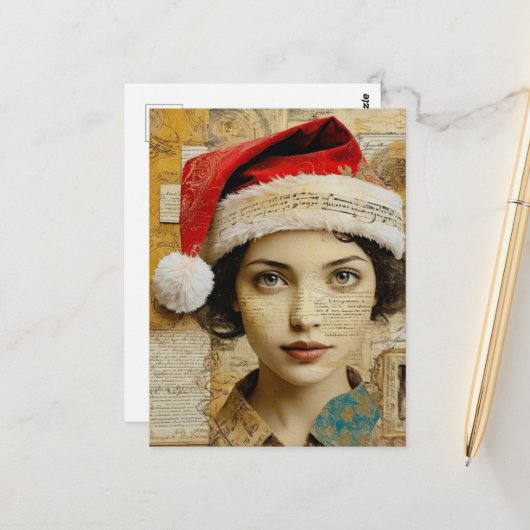 Lady in a Santa Hat Mixed Media Collage ポストカード (正面/裏面インサイチュ)