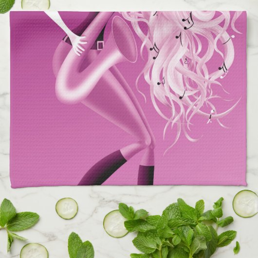 Lady Saxophonist Pink Tea Towel キッチンタオル (折り畳み)
