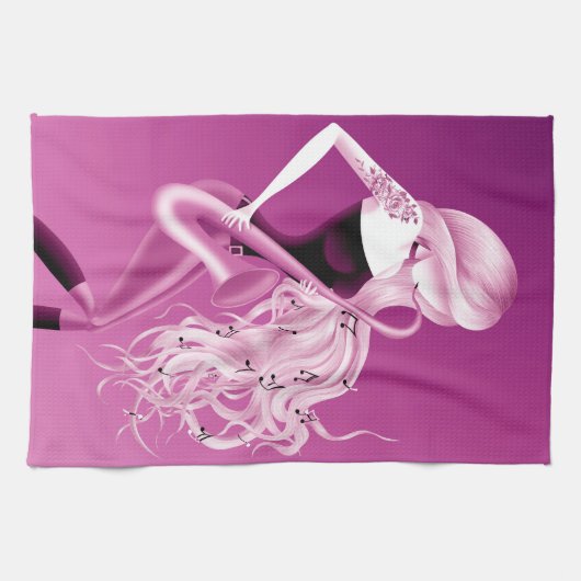Lady Saxophonist Pink Tea Towel キッチンタオル (横)