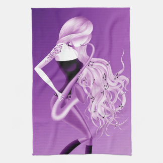 Lady Saxophonist Purple Tea Towel キッチンタオル