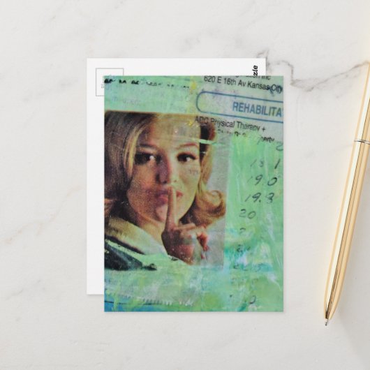 Lady says quiet Mixed Media Collage ポストカード (正面/裏面インサイチュ)