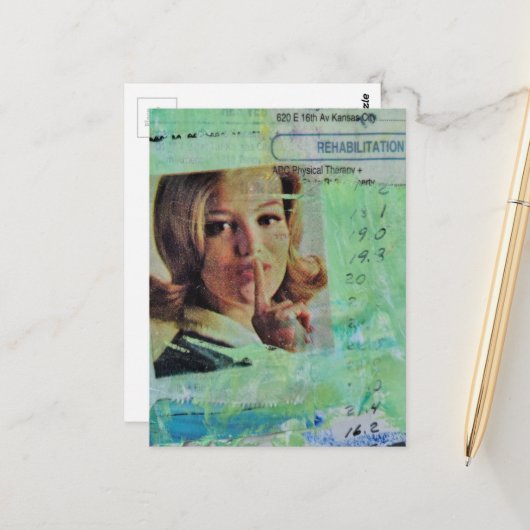 Lady says shh Mixed Media Collage ポストカード (正面/裏面インサイチュ)
