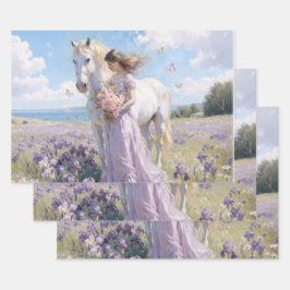 Lady & White Horse in Iris Field ラッピングペーパーシート