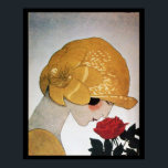 LADY WITH RED ROSE ポスター<br><div class="desc">Vibrant , classy  French Art Deco  high fashion illustration. Portrait of a beautiful young woman wearing a golden hat with flower,  black  white , yellow  , grey colors .Cool , modern and artistic design.</div>