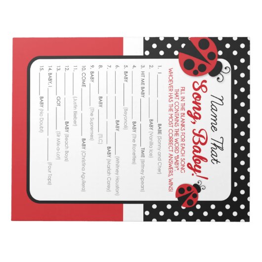 Ladybugの名前その歌の赤ちゃんシャワーゲーム ノートパッド (正面)