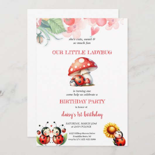 LADYBUG誕生日パーティーの招待状 招待状 (正面/裏面)