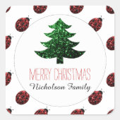 Ladybug +グリーンクリスマスツリー輝くギフトラベル スクエアシール (正面)