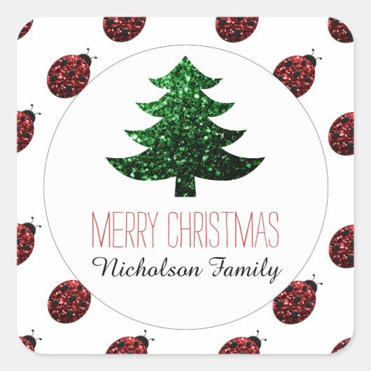 Ladybug +グリーンクリスマスツリー輝くギフトラベル スクエアシール (正面)