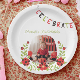  Ladybug 1st Birthday Floral ペーパープレート
