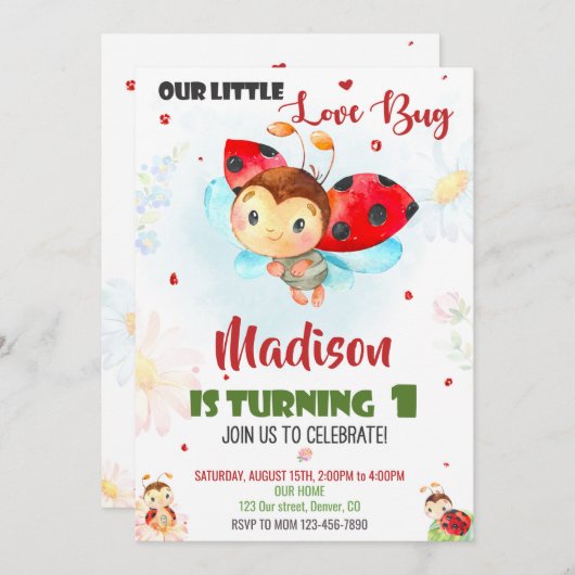 Ladybug 1st birthday invitation Summer invitation 招待状 (正面/裏面)