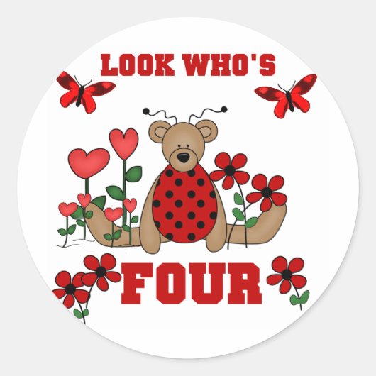 Ladybug Bear 4th Birthday Tシャツとギフト ラウンドシール (正面)