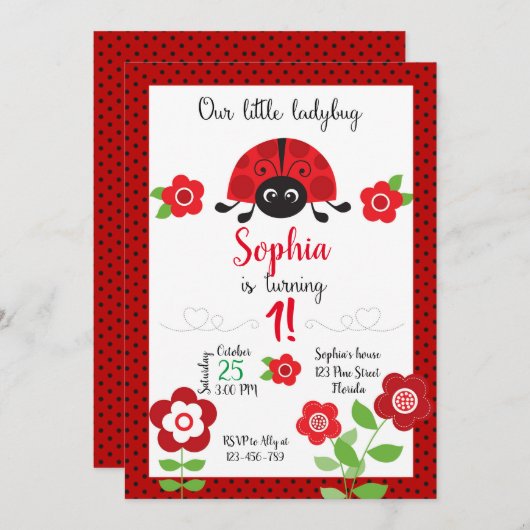 Ladybug Birthday Invitation, Ladybug Invitation 招待状 (正面/裏面)