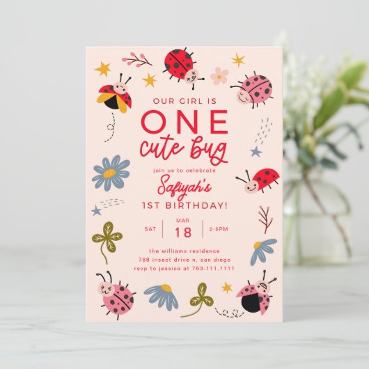 Ladybug Birthday Invitation | One Cute Bug Invite  招待状 (スタンド正面)