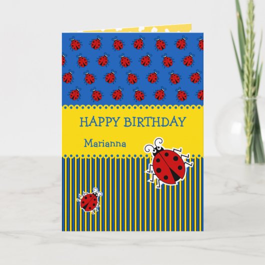 Ladybug blue yellow add name birthday カード (正面)