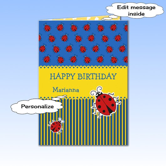 Ladybug blue yellow add name birthday カード