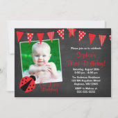 Ladybug Chalkboardフォト誕生日 招待状 (正面)