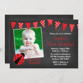 Ladybug Chalkboardフォト誕生日 招待状 (正面/裏面)