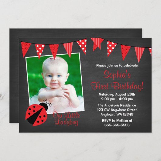 Ladybug Chalkboardフォト誕生日 招待状 (正面/裏面)